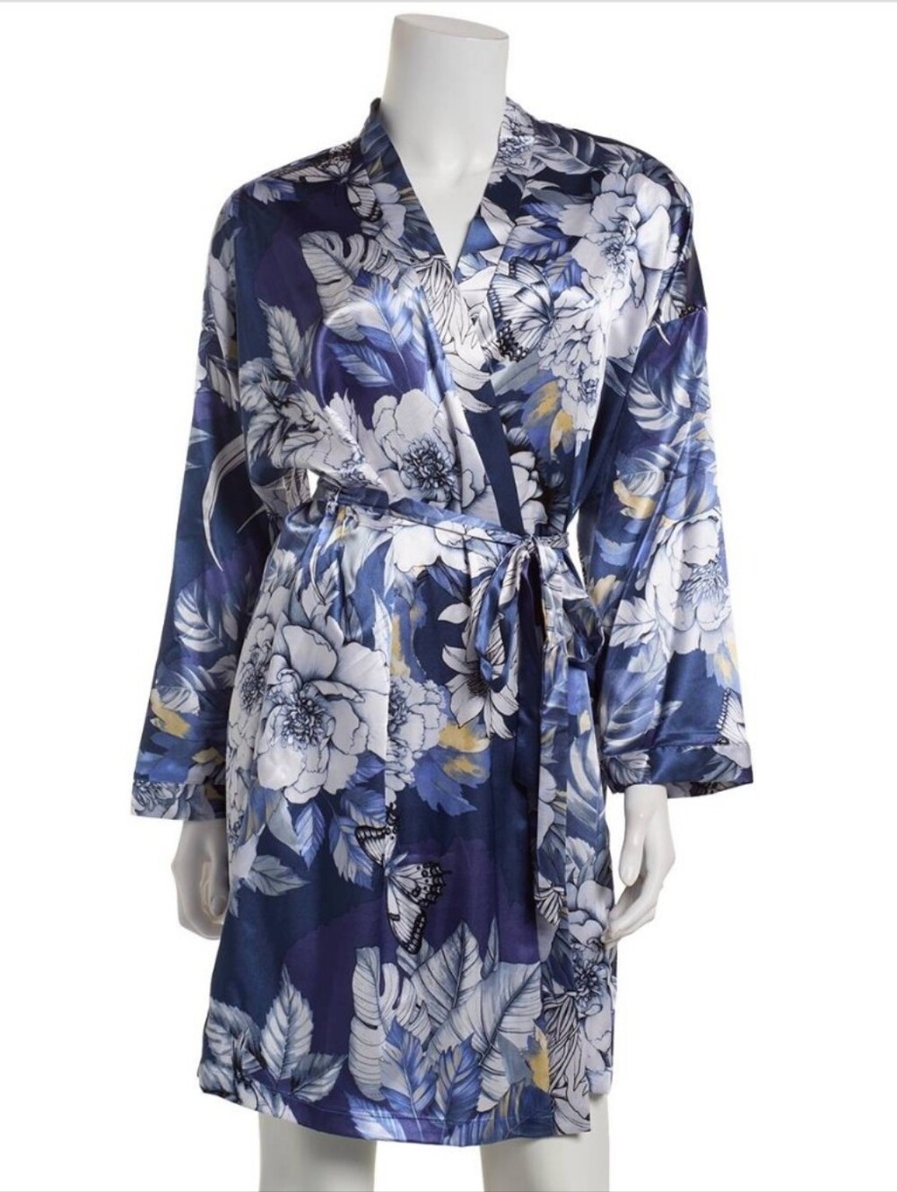Linea Donatella Women's Blue Floral Wrapper Satin Robe - Blue